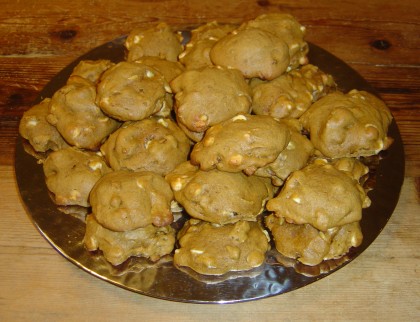 Another view of the platter of pumpkin cookies with white-chocolate chips