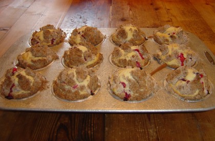 A pan of cranberry-crumb muffins