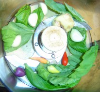 garlic and ginger and peppers and basil in the Cuisinart, about to be ground up for dan-dan noodles