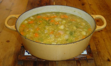 a pot of just-made lentil-vegetable soup
