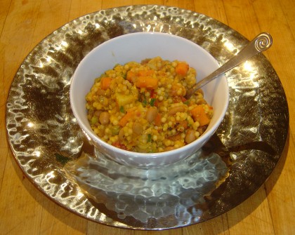 A pasta dish made by adding Israeli couscous to lentil-vegetable soup