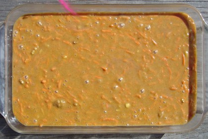 Sam's birthday carrot cake batter looks nice and bright right before putting it into the oven