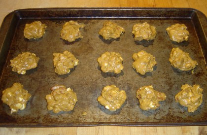 A cookie sheet of pumpkin cookies with white-chocolate chips about to go into the oven