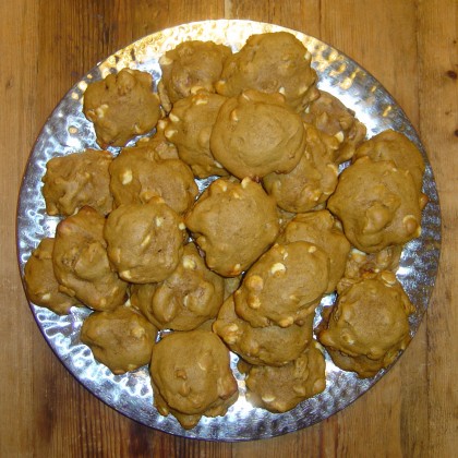 A platter of pumpkin cookies with white-chocolate chips