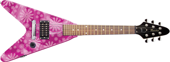 a picture of an Epiphone Maestro Mini-V guitar in the 'pink flowers' pattern