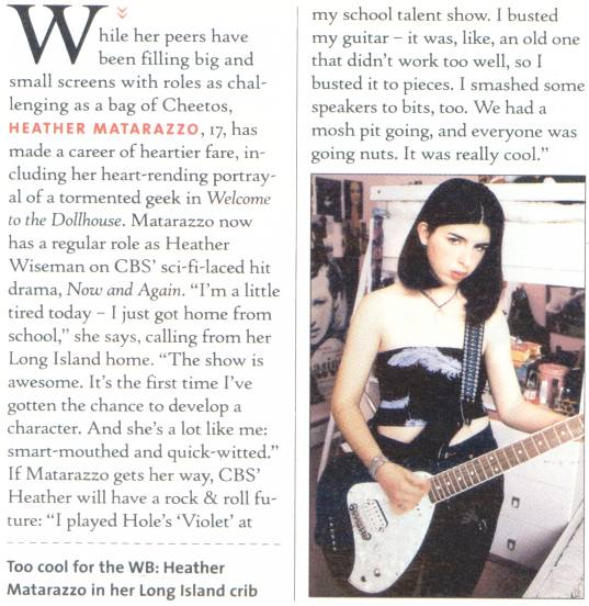 (a scan of a 2/17/2000 Rolling Stone Magazine 'random note' article featuring a picture of actor Heather Matarazzo playing a Fender Venus guitar)