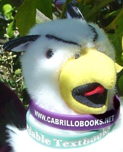 a Cabrillo College Bookstore wristband and an Affordable Textbooks wristband being modeled by my Reed College griffin